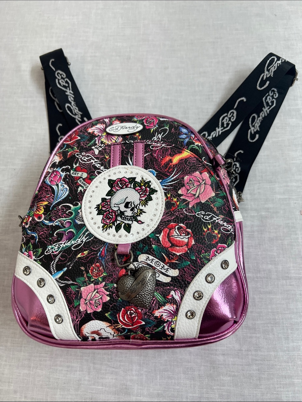 🌞Ed Hardy Barbiecore Pink Floral Skull streetwear Mini Backpack Rhinestone Bling